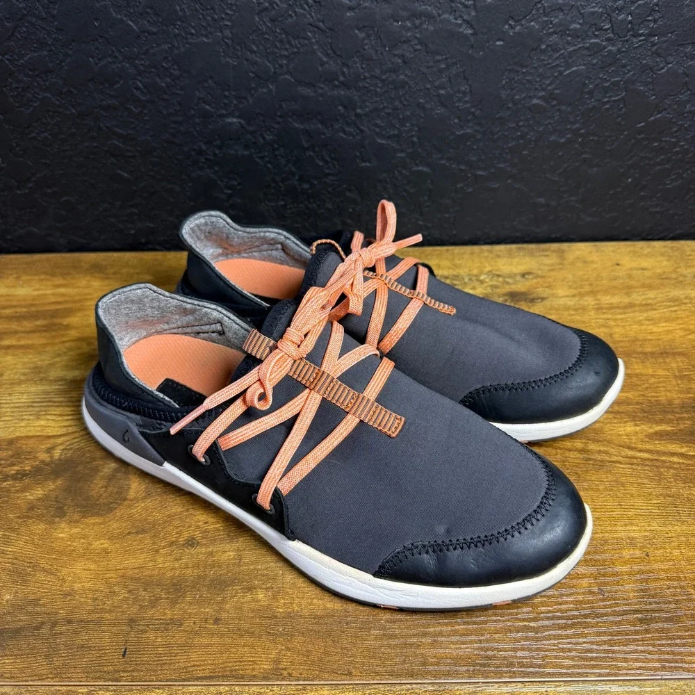 OluKai Mikili 20366-PV40‎ Black Leather Textile Sneakers Womens Size 7